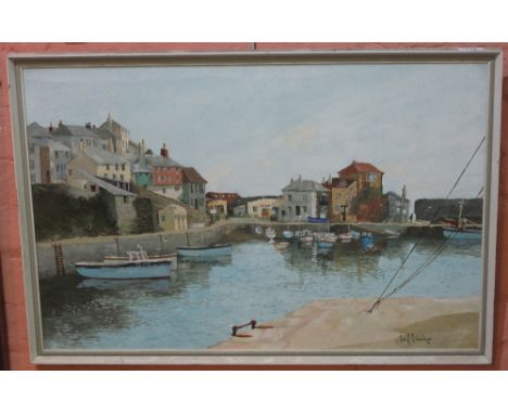 James R. Richardson, (British, 20th Century), harbour scene with cottages and moored boats, oils on board, signed.  Framed.(B