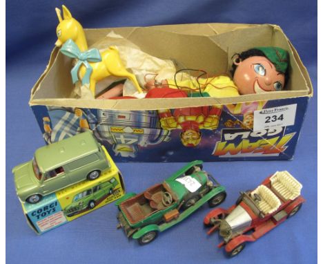 Small box of assorted toys to include: Corgi toys; Austin Mini van, no. 450 in box together with Corgi Classics Bentley; Matc