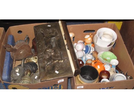 Two boxes of assorted china and metalware to include: planters; candlesticks; trinket boxes; utensil jars; brass wall light d
