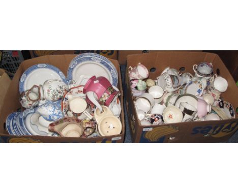 Two boxes of assorted china to include: 19th Century and other dresser jugs; Masons pouch shaped dresser jugs; blue and white