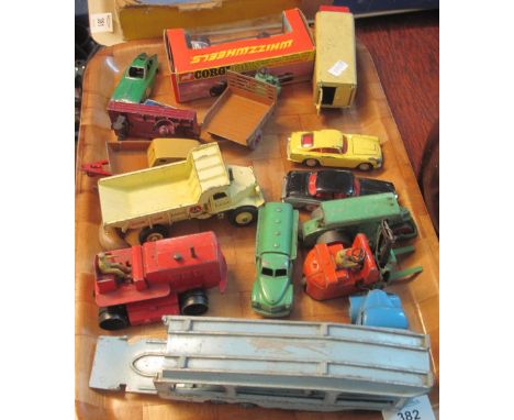 Tray of diecast, play worn Dinky and Corgi cars/vehicles to include: Bristol 450; Pullmore car transporter; heavy tractor; Be