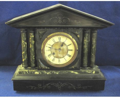 Late 19th Century ebonised wooden architectural single train wall clock with painted marbling.  35cm high.(B.P. 24% incl. VAT