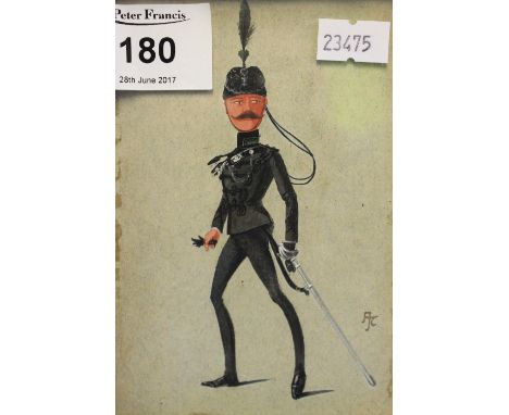 19th Century British School painted portrait caricature possibly of an officer in the Kings Royal Rifle Corps, initials: A.J.