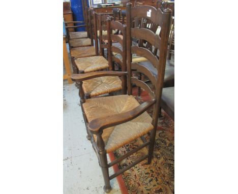 Set of six 20th Century ladder back kitchen or dining chairs with rush seats (4+2) (6)(B.P. 24% incl. VAT)