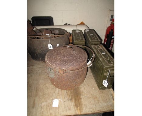 Collection of metalware items comprising: three ammunition boxes; cast iron cooking pots; flat irons etc.(B.P. 24% incl. VAT)