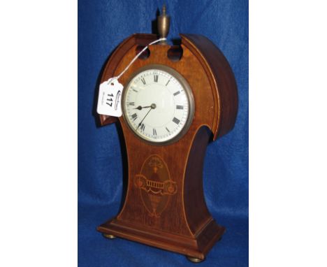 Edwardian inlaid mahogany balloon shaped boudoir clock with white enamel face and French brass drum movement.(B.P. 24% incl. 