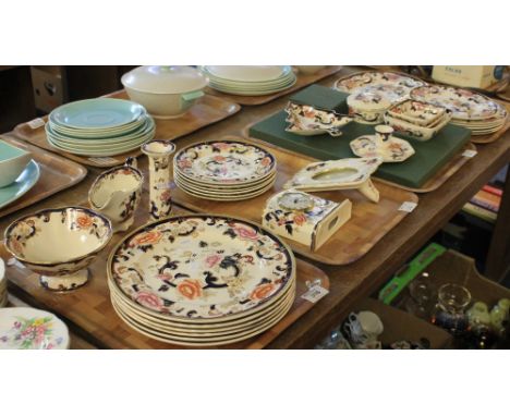Four trays of Masons ironstone 'Mandalay' items comprising: various plates; mantel clock; picture frame; chamber stick; trink