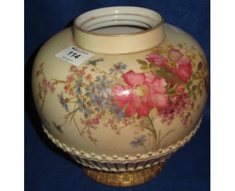 Royal Worcester porcelain baluster shaped pot pourri jar with relief gilded caned decoration and painted floral designs.  Pri
