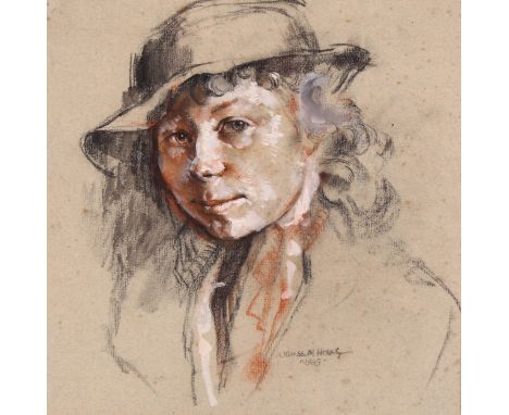 20th century British School, portrait of a girl, coloured pastels on grey paper, indistinctly signed dated 1939, 32cm x 32cm,