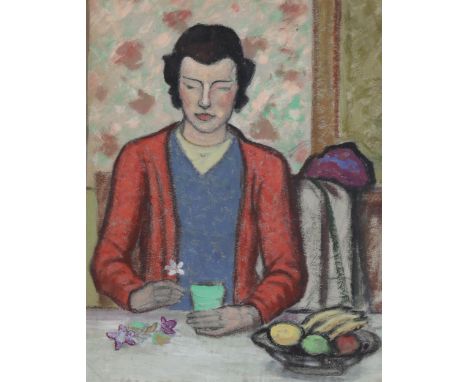Frederick William George (1889 - 1971), flower arranging, coloured pastels, 31cm x 24cm, mounted2 light creases in bottom lef