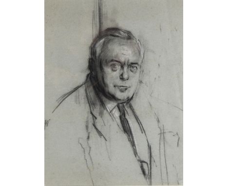 Ruskin Spear (1911 - 1990), portrait of Harold Wilson, charcoal/chalk, study for final painting, Studio label verso, 49cm x 3