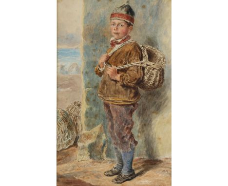 William Henry Hunt (1790 - 1864), portrait of a fisherboy, watercolour, signed, 33cm x 20cm, framedSeveral fox marks along th