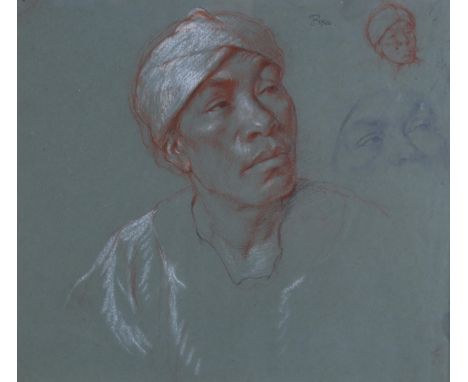 Bernard Tozer Pike (1908 - 1996), portrait study of an Indian man, charcoal/chalk on green paper, signed, 24cm x 27cm, framed