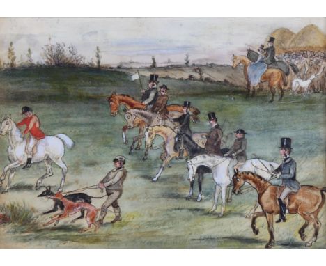 19th century British School, fox hunting scene, watercolour, unsigned, 15cm x 20cm, framedA few very light fox marks in the s