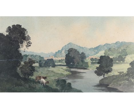 Bertram Priestman (1868 - 1951), cattle on a riverbank, watercolour on handmade paper, 30cm x 50cm, framedSlight paper discol