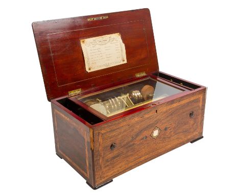 GROßE WALZENSPIEHLUHR MIT MUSIKAUTOMAT, Schweiz / Genf, um 1880, Gehäuse Nussbaumwurzelholz furniert, Einlegearbeiten in Obst