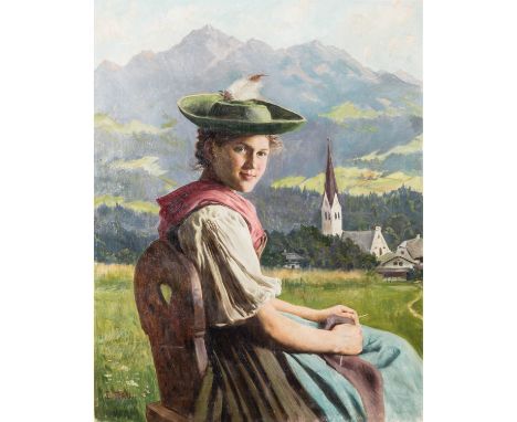 RAU, EMIL (1858-1937) "Portrait einer Jungen Bäuerin im Dirndl" Öl auf Leinwand, Sig. "E.Rau", HxB: 71/56 cm. Kanten mit Farb