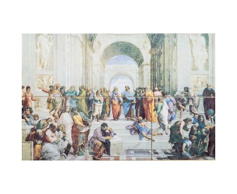 Kachelbild nach Raffaels weltberühmtem Fresko "Die Schule von Athen", das sich im zweiten Stock des Vatikanpalastes in Rom be
