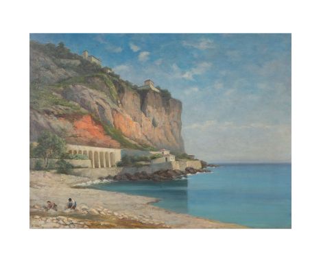 SCHOTTE/SCHELTE? (undeutlich signiert, MALER/IN 19./20. Jh.), "Norditalienische Küste", Steilküstenbild mit zwei Wäscherinnen