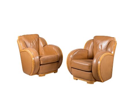 PAAR ART DÈCO-SESSEL Frankreich, um 1930, Wurzelholz furniert, gepolstert und allseitig mit hellbraunem Leder bezogen, HxB: 8