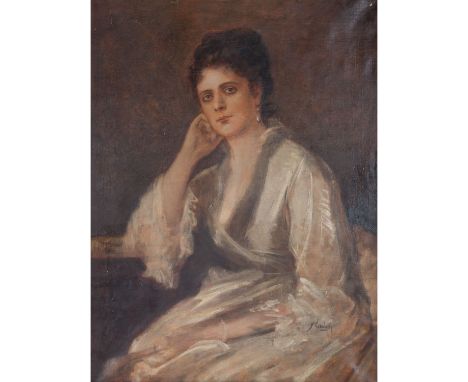 LENBACH, FRANZ von (1836-1904), "Portrait einer jungen Frau in weißem Kleid", an einem Tisch sitzend, u.re. signiert 'F. Lenb