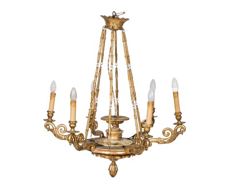 BIEDERMEIER-DECKENLAMPE 19.Jh., holz vergoldet, balusterförmiger, gedrückter Korpus mit Vasenbekrönung und zapfenförmigem unt