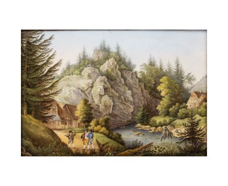 KPM Bildplatte 'Gehöft in felsiger Flußlandschaft', 1923. Weißporzellan mit feiner polychromer Malerei eines bewaldeten Felse