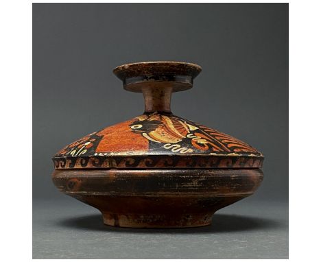 C. 300 BC. Southern Italian. Beautiful terracotta pyxis comprising lid and bowl. The lid comprises a disk-shaped handle and i