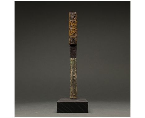 C. 900 AD. Viking age. A medieval Scandinavian pointed knife with tapering blade and original bone handle comprising a cylind