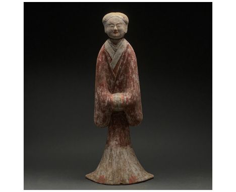 Ca. 206 BC-220 AD Chinese Han Dynasty, terracotta lady figure. Interesting ceramic figurine of a standing lady with a long re