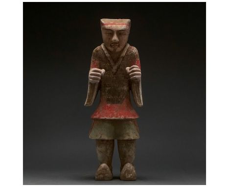 Ca. 206 BC-220 AD Chinese Han Dynasty, terracotta warrior figure. Interesting ceramic figurine of a standing warrior with arm