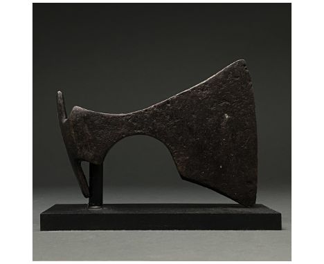 c. 900-1100 AD. Viking age. An iron bearded axe head with a heavy, curved blade, narrow cheek, rounded socket and rectangular