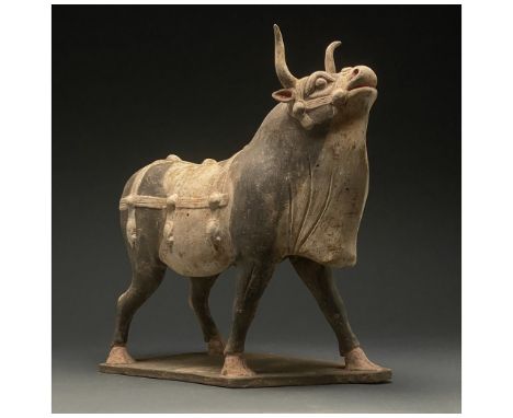 Ca. 368-534 AD. Chinese Northern Wei Dynasty. A beautiful painted terracotta statue of an ox. This black and white painted ox