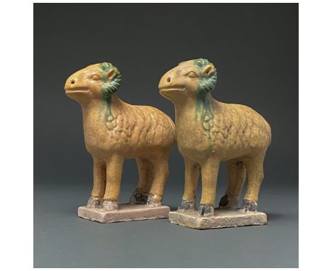Ca. 1368-1644 AD. Chinese Ming Dynasty. A beautifully crafted pair of ochre-coloured glazed terracotta ceramic rams. The wool