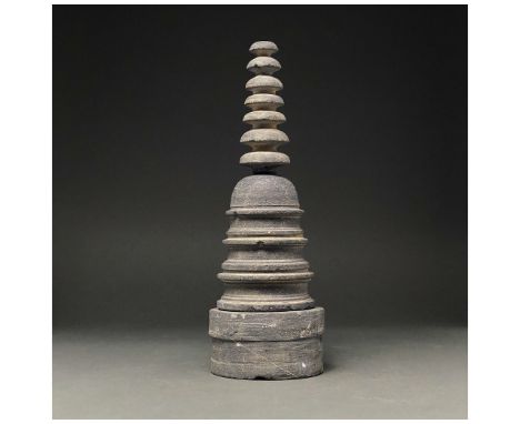 100-300 AD. Gandharan. A dark grey schist stupa reliquary in three parts comprising superimposed hemispherical segments of pr