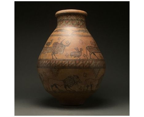 C. 3rd millennium BC. Indus Valley Civilisation. An polychrome vessel with a globular body, flat base, tapering neck and shor