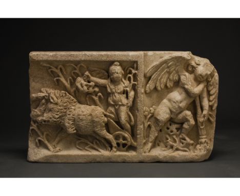 100 - 300 AD Roman. A frieze from a marble sarcophagus depicting an intriguing scene in low to high relief from the Calydonia