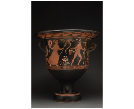 C. 360 BC. Ancient Greek. A rare red figure terracotta krater with a broad rim, bell-shaped body flanked by two lug handles, 