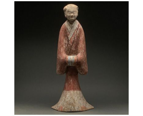 Ca. 206 BC-220 AD, Chinese Han Dynasty. Interesting ceramic figurine of a standing lady with a long red flowing gown, with bi