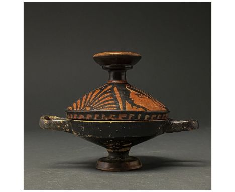 C. 300 BC. Southern Italian. Beautiful terracotta pyxis comprising lid and bowl. The lid comprises a disk-shaped handle and i