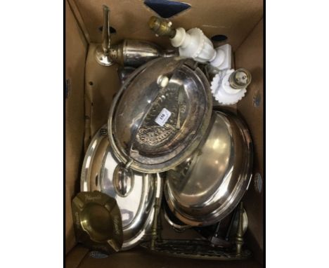 A silver plated breakfast turnover dish, other silver plate, a mantel clock and items (box)