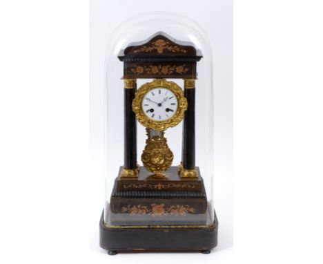 A French portico clock, the white enamel dial with Roman numerals, fitted a movement striking on a bell, in an inlaid case, u