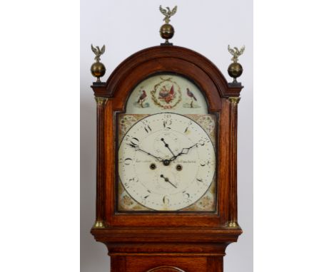 A longcase clock, the 30 cm square arched painted dial with Arabic numerals, subsidiary seconds and calendar dial, signed Lov