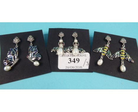 Three pairs of silver and enamel bug earrings