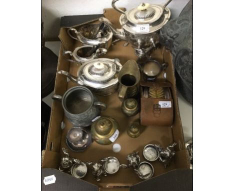 A silver plated four piece tea service, including a kettle on stand with burner, a pair of silver hairbrushes, cased, other s