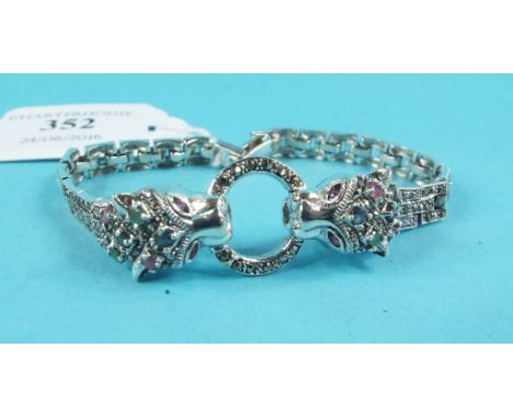 A silver, marcasite, emerald, ruby and sapphire set leopard bracelet