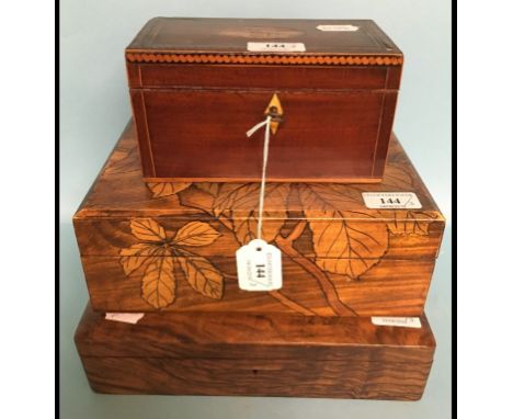 An inlaid mahogany tea caddy, 18 cm wide, and two other boxes (3)