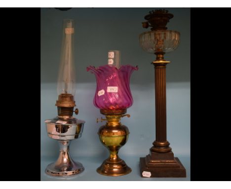 An oil lamp, with cranberry glass shade, two others, a samovar, an Atlas, pictures, ceramics and items (qty)