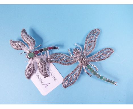 Two silver, emerald, ruby and sapphire set bug brooches