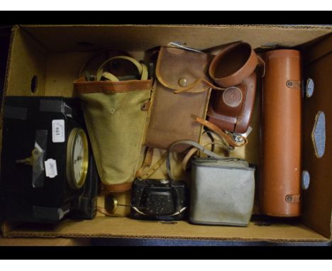 A black slate mantel clock, a pair of Cecil Aldin coloured prints, cameras and items (qty)